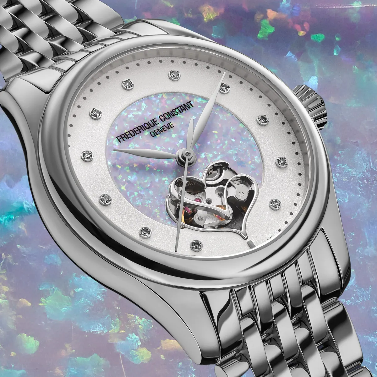 Double Heart Beat opal dial with seven-link steel strap and interchangeable leather strap
