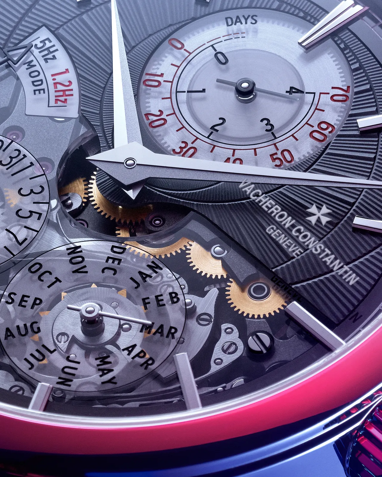 Calibre 3610 QP movement showing dual-frequency gear trains and 480 components