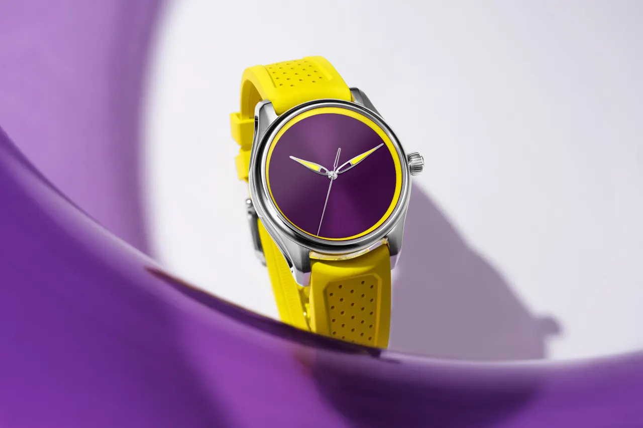 HMC 201 automatic calibre visible through sapphire crystal case-back of Pioneer Centre Seconds Sun Berry