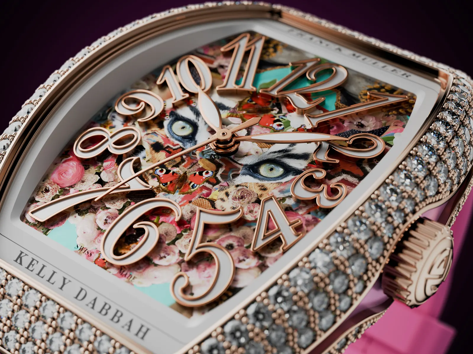 Close-up of sublimation transfer numerals on Franck Muller Vanguard Kelly Dabbah Electric Feel dial