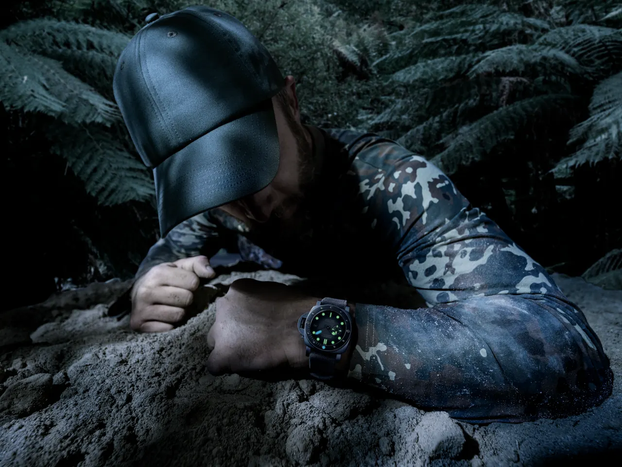 Panerai Submersible Navy SEALs PAM01738 on black rubber strap, wrist view