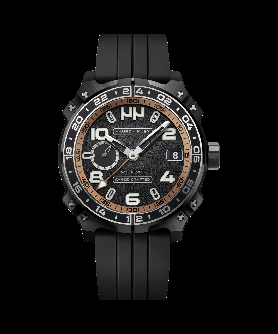 Mauron Musy MU04 GMT Sport case profile in grade 5 titanium with brushed finishes and sapphire caseback
