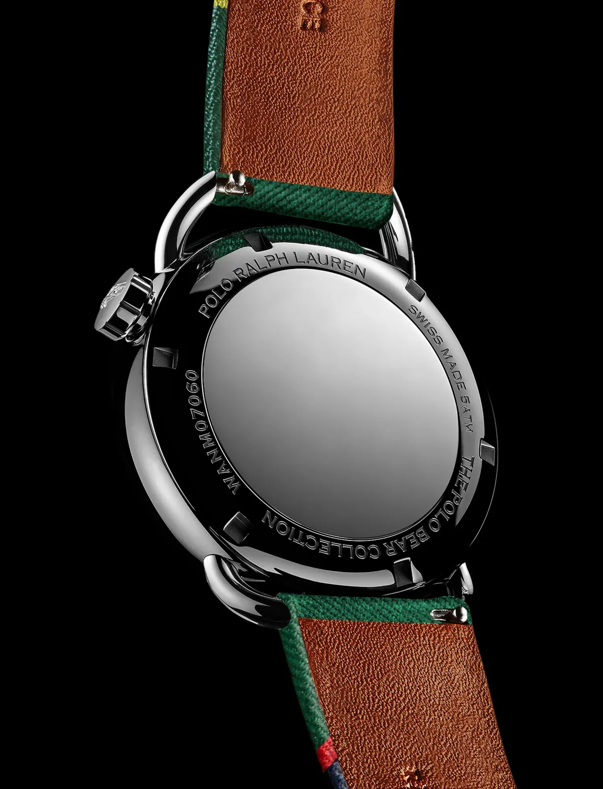 Ralph Lauren Preppy Bear watch showing striped grosgrain strap detail
