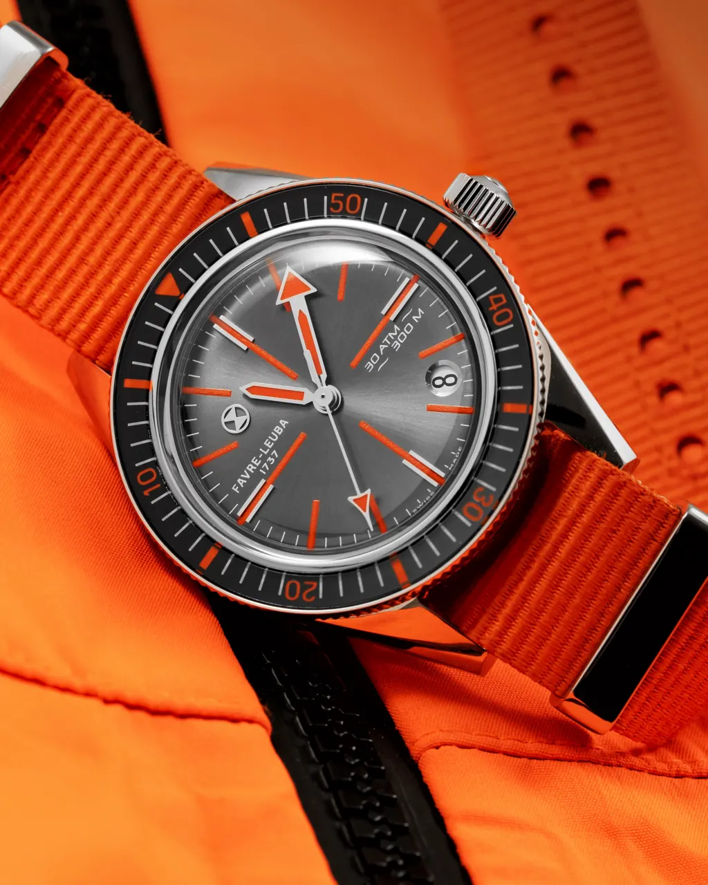 Favre Leuba Deep Raider Revival Orange on integrated five-link steel bracelet