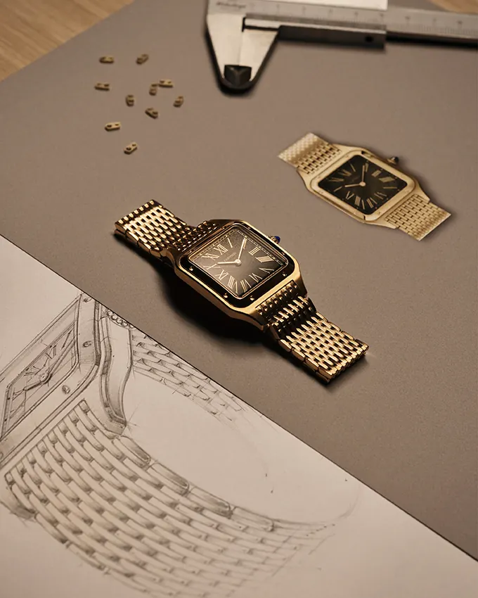 Cartier Santos-Dumont LM in yellow gold with silvered satin-finish sunray dial