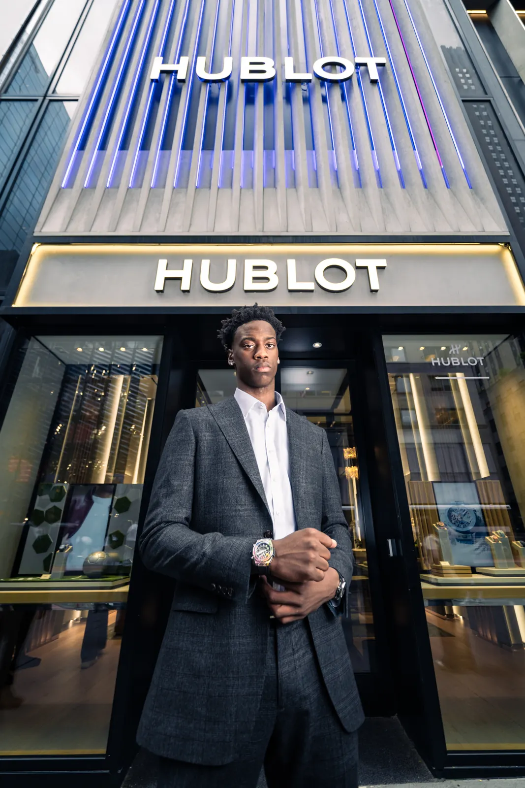 AJ Dybantsa dressed by Hublot at the 80th NBA Draft in Kenzo outfit with Hublot watch