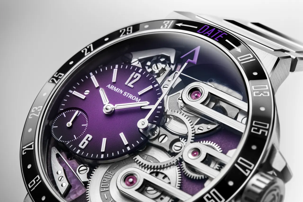 Armin Strom Orbit Midnight Purple black ceramic bezel and on-demand date pusher at 10 o'clock