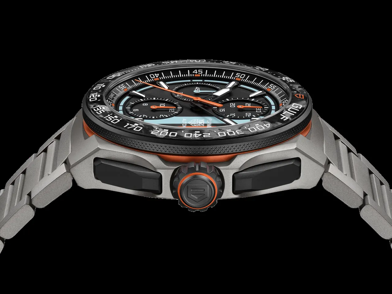 TAG Heuer Formula 1 x Gulf caseback engraved with Gulf logo on Grade 2 titanium