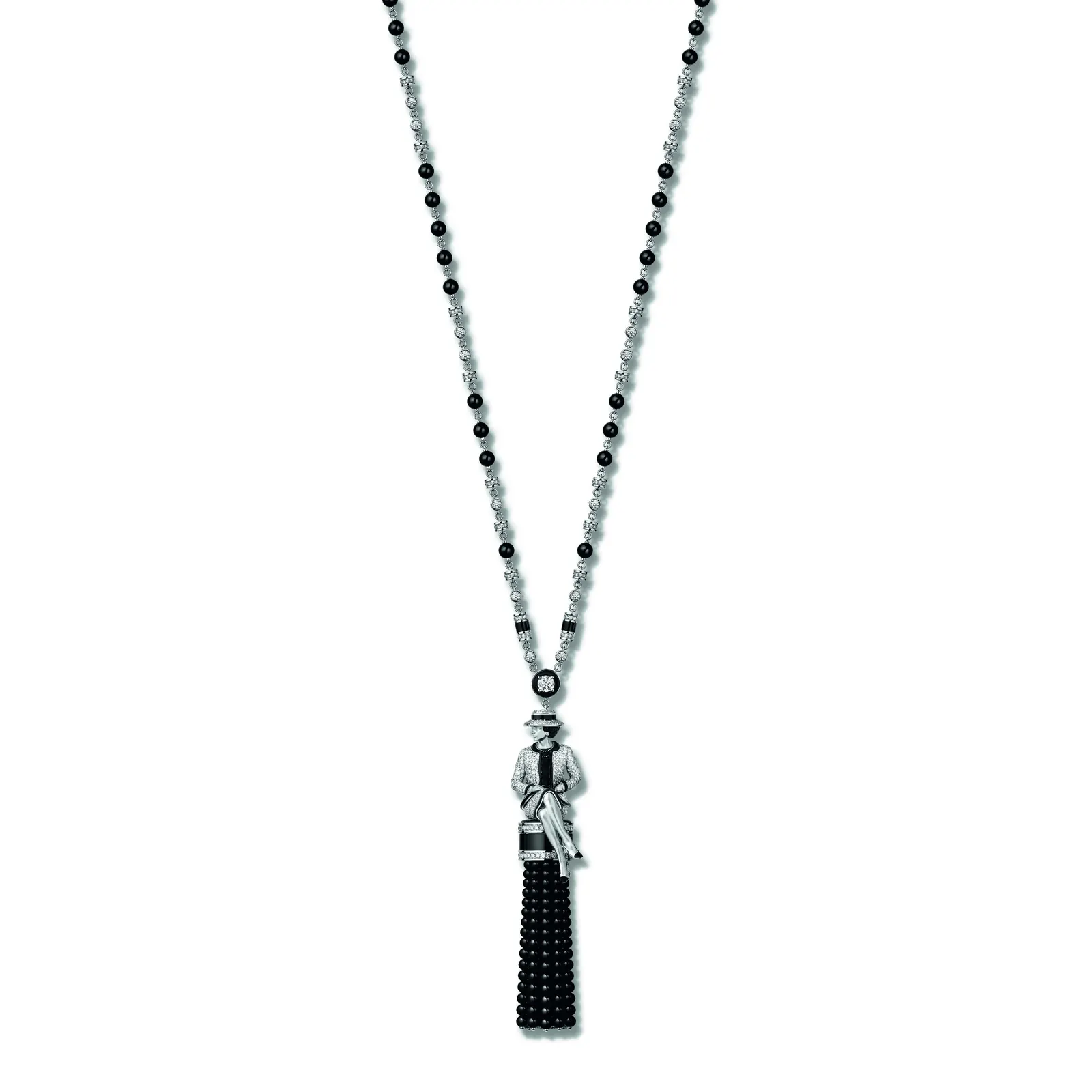 CHANEL Gabrielle Long Necklace pompon detail with onyx beads and brilliant-cut diamonds