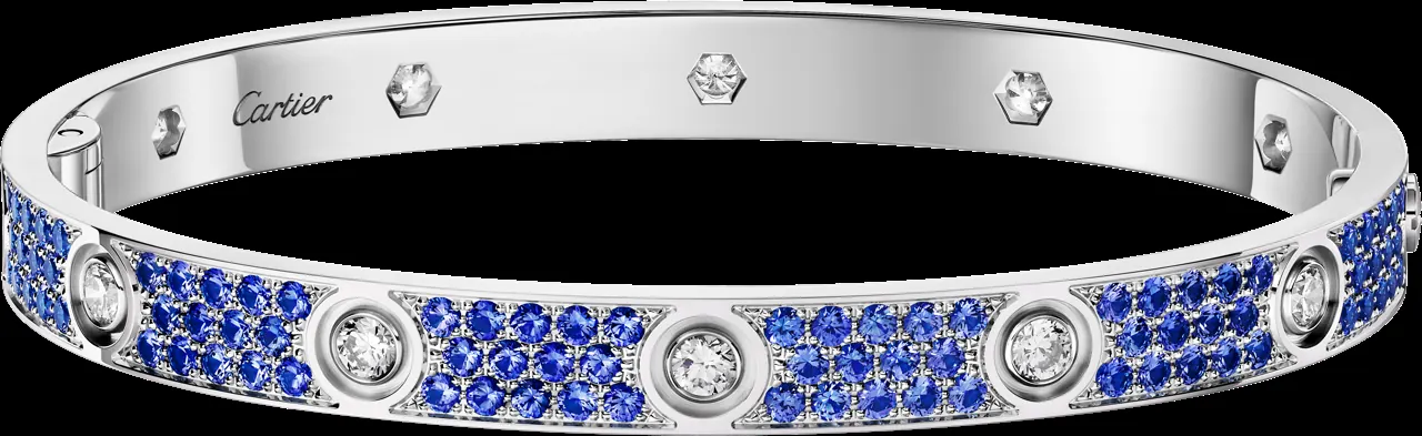 Cartier LOVE bracelet yellow gold with mixed warm-tone sapphires and spessartite garnets