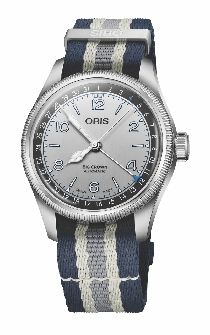 Oris Lou Gehrig Limited Edition on brown double-stitched leather strap alongside Yankees-coloured NATO strap
