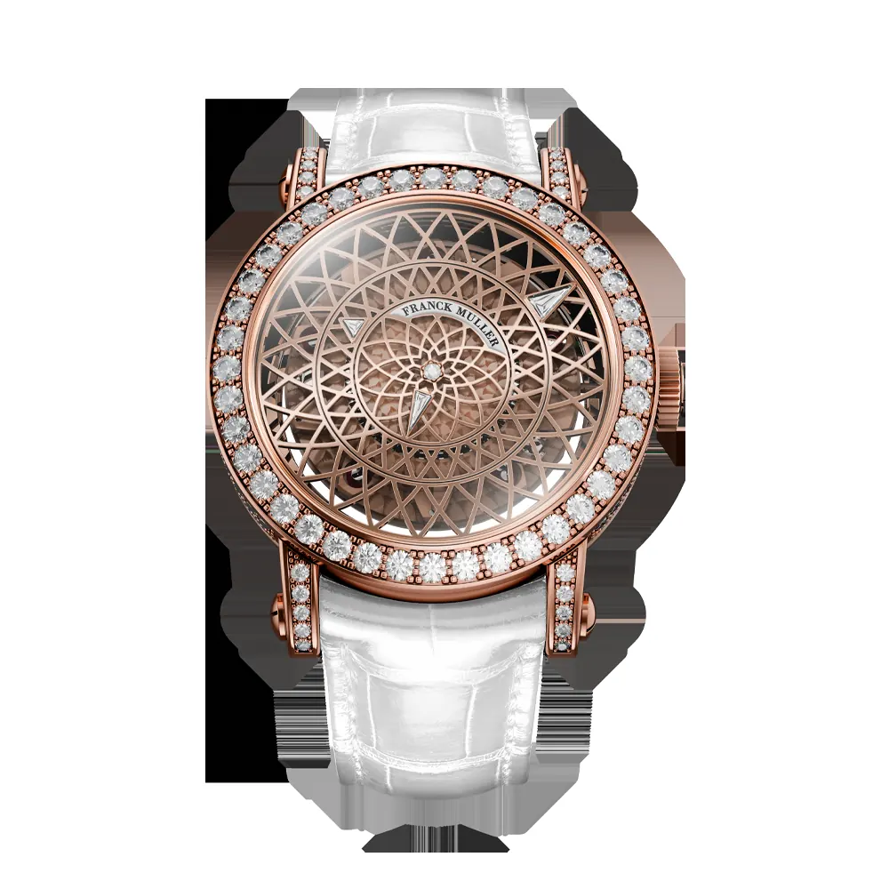Close-up of Franck Muller Round Triple Mystery Skeleton brilliant-cut diamond case setting