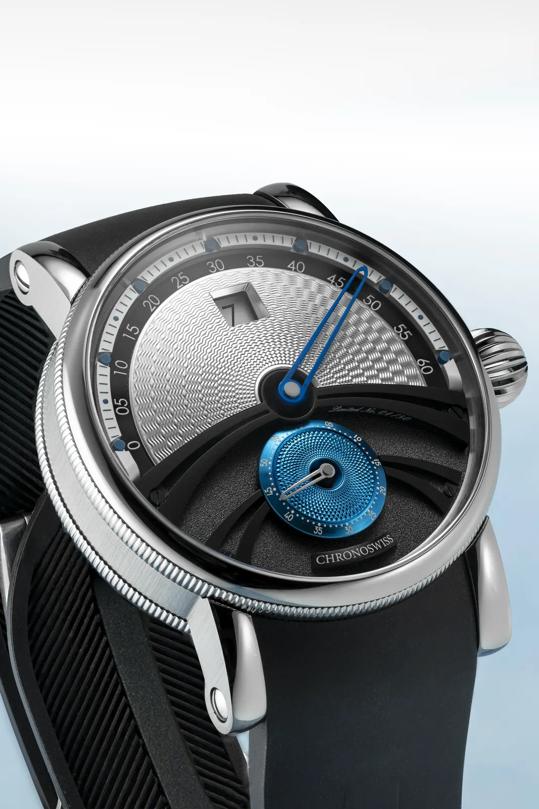 Chronoswiss Delphis Glacier case profile showing Grade 5 titanium finish and black rubber strap