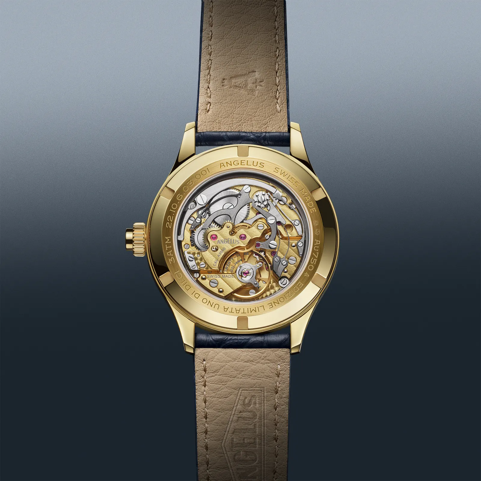 Angelus A5000 calibre movement with Côtes de Genève finishing and column wheel