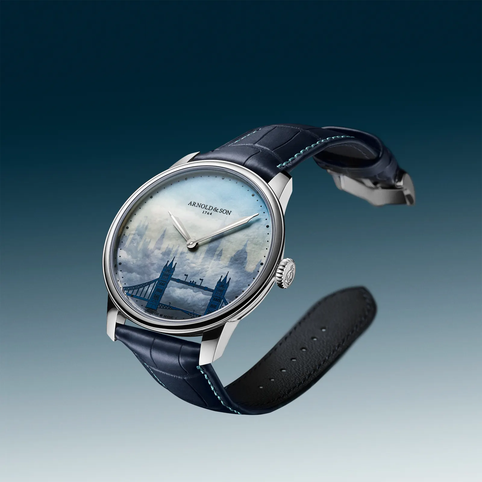 Arnold & Son HM London Skyline 39.5mm stainless steel case with polished finish and arching lugs