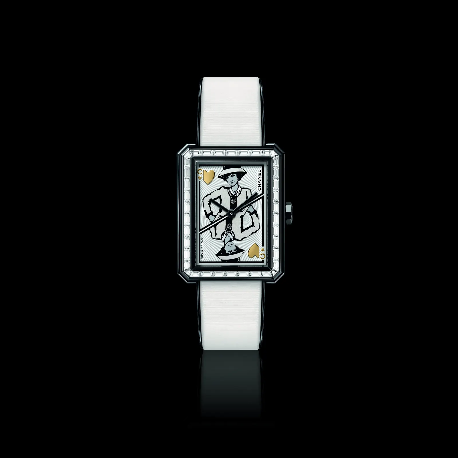 CHANEL BOY·FRIEND Coco Game white calfskin strap with black patent leather trim and ardillon buckle