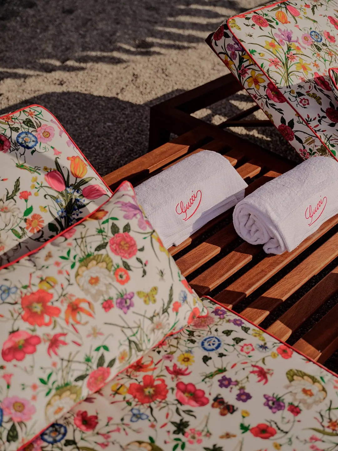 Gucci Flora 60 years fragrance bottles and makeup pieces celebrating the Flora motif at Monte Carlo