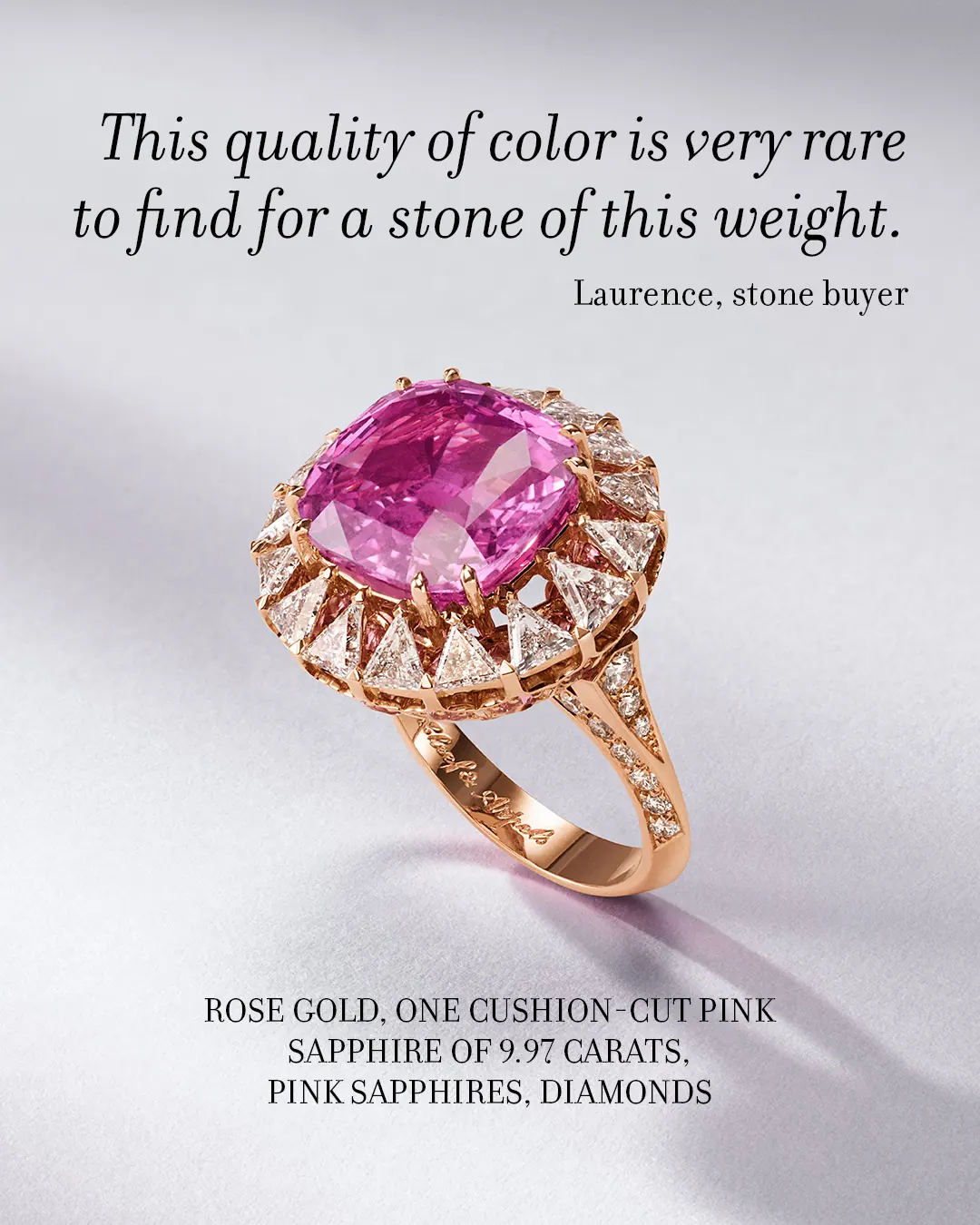 Van Cleef & Arpels Parfum de rose ring detail showing homogeneous vivid pink colour of the sapphire