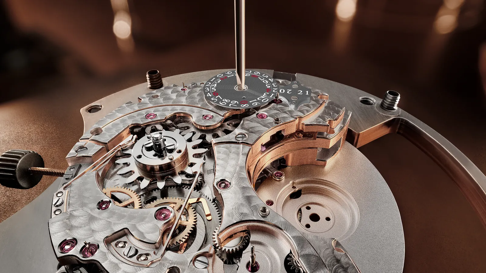 Calibre 388 triple-axis Heliotourbillon detail with blue lacquer background