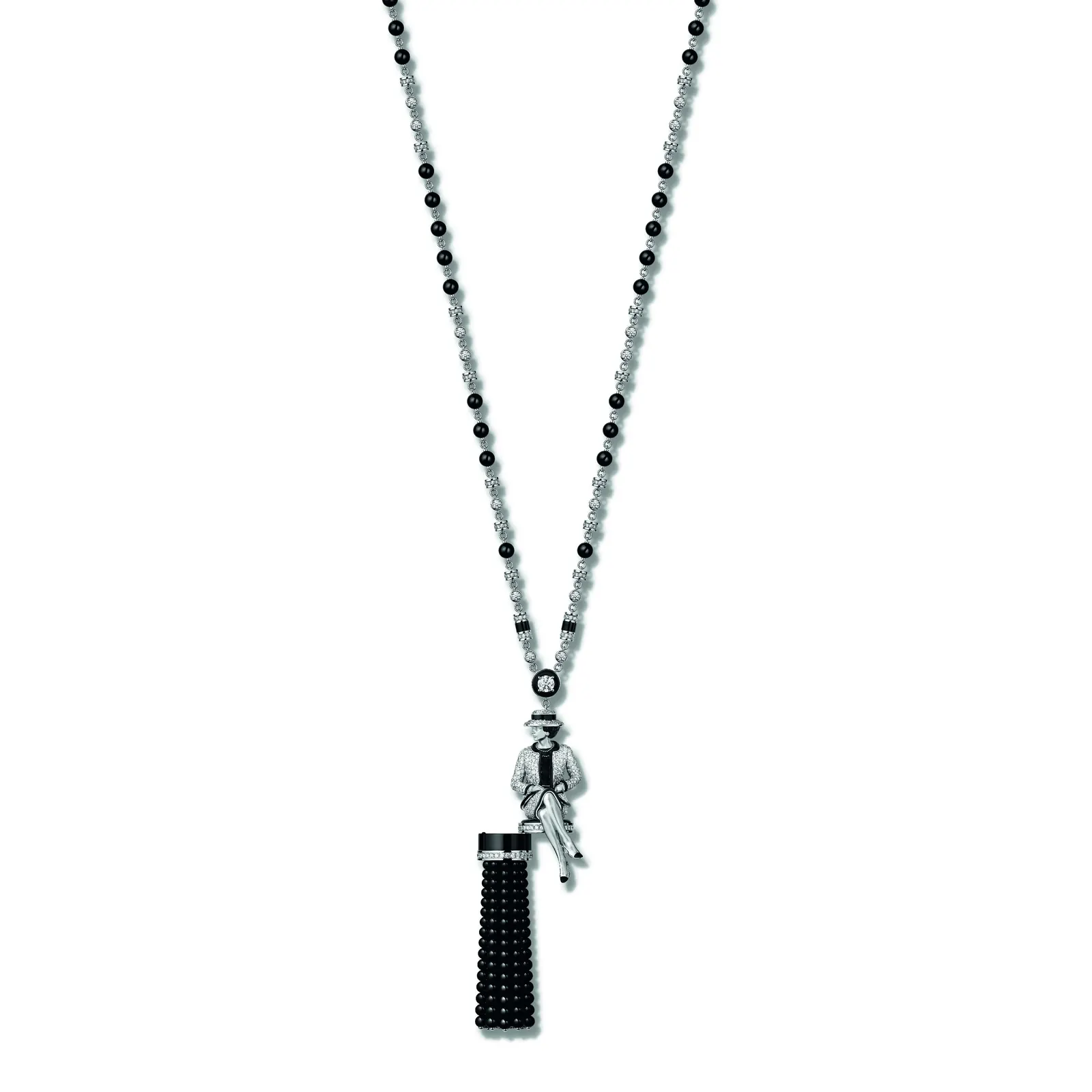 CHANEL Gabrielle Long Necklace full length showing 350mm white gold and onyx chain