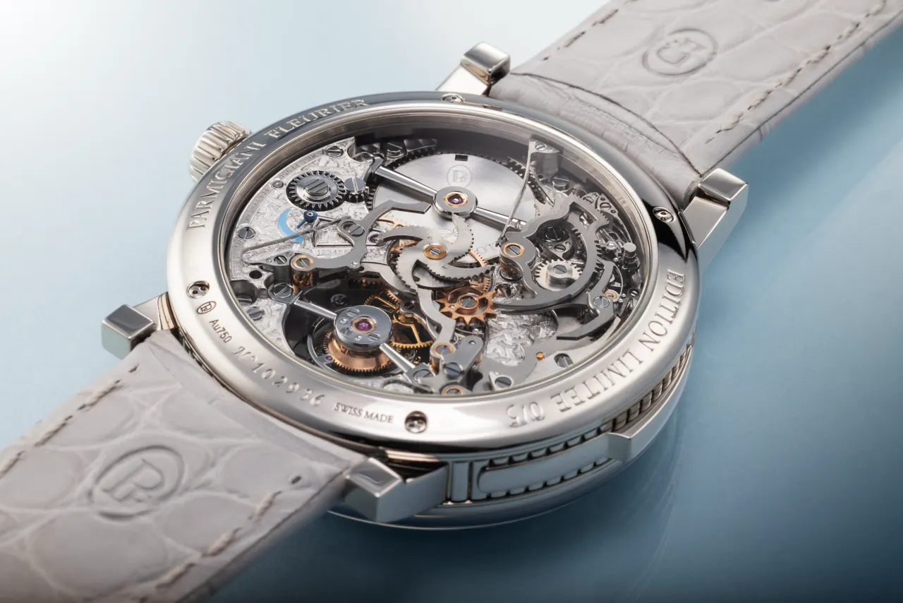 Parmigiani Fleurier Carillon Tourbillon hand-hammered Morning Blue white gold dial close-up