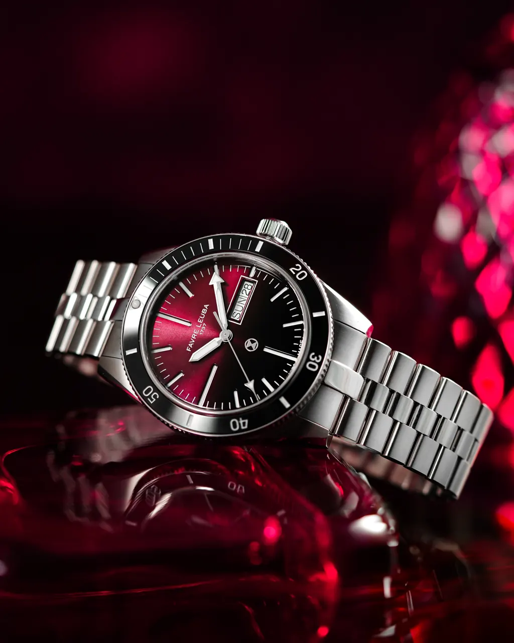 Favre Leuba Deep Raider Day Date burgundy dial case profile