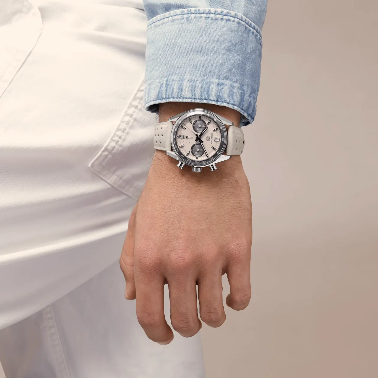 TAG Heuer Carrera Chronograph Limited Edition wrist shot showing perforated beige strap
