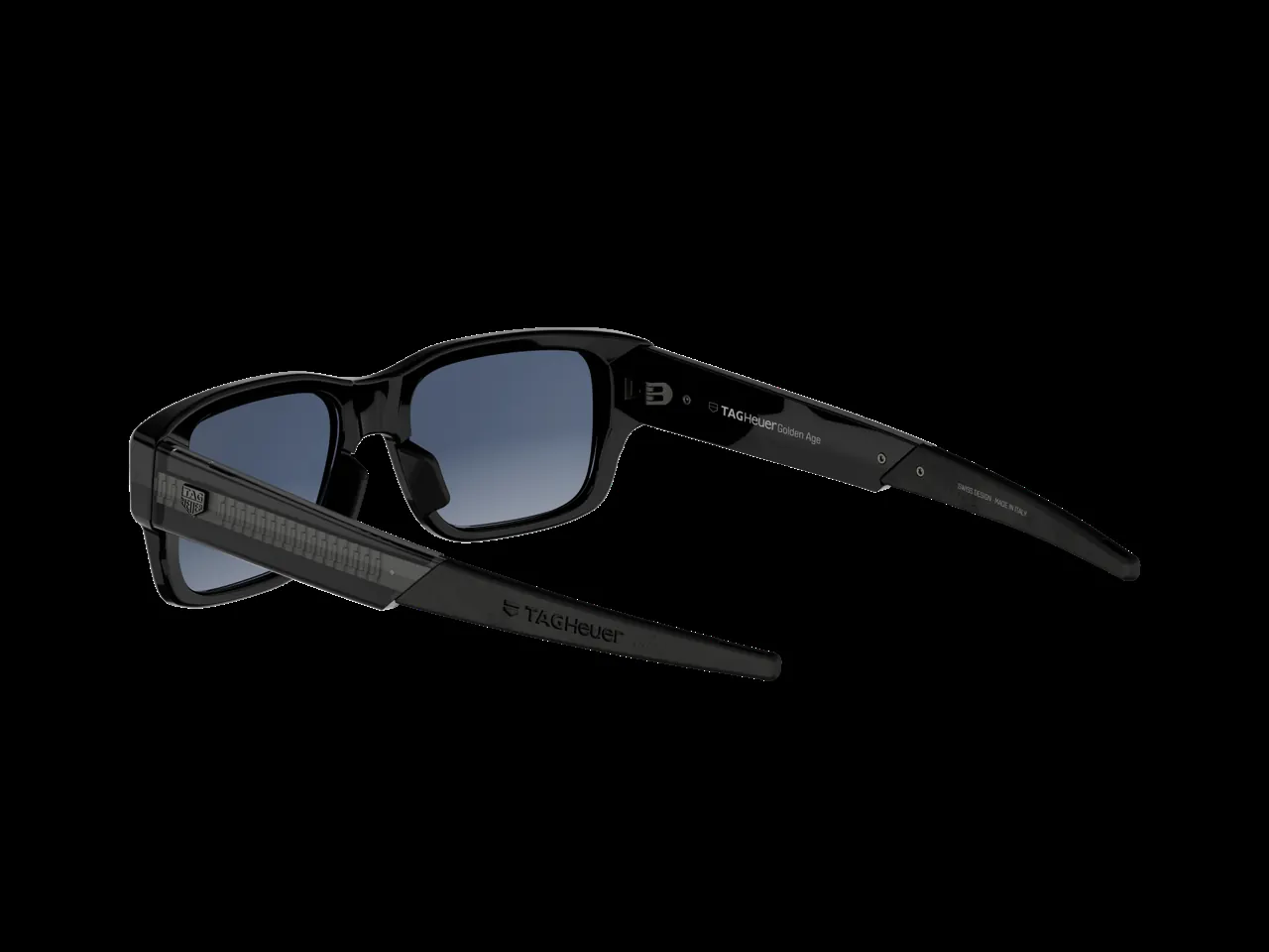 TAG Heuer eyewear 2026 collection detail showing engraved logo and relief metal shield on temple