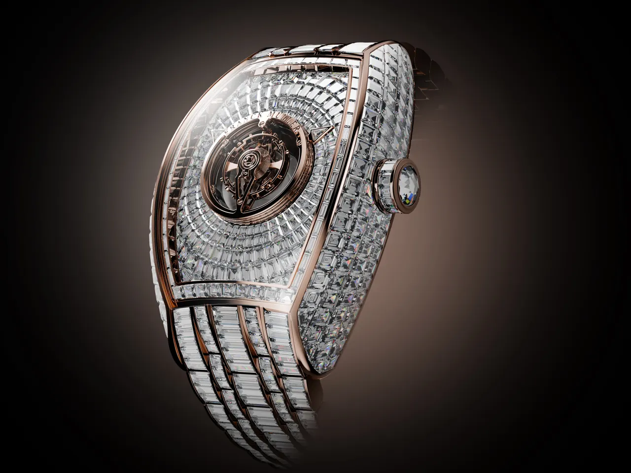 Franck Muller Curvex CX Grand Central Tourbillon baguette diamond invisible setting on case and dial