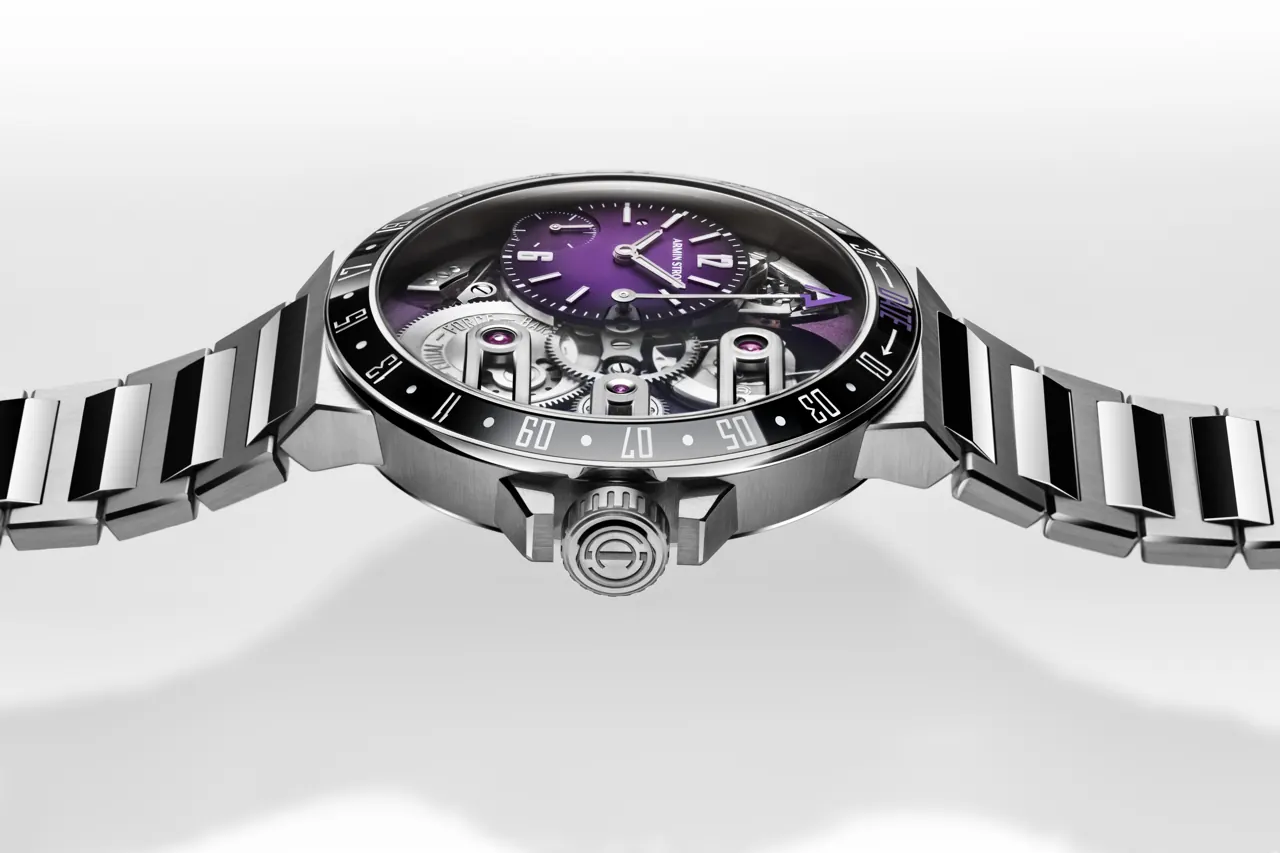 Armin Strom Orbit Midnight Purple caseback revealing hand-finished openworked movement