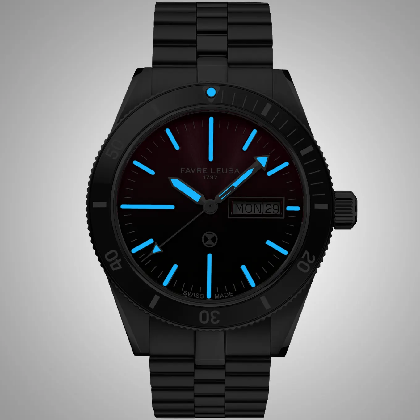 Favre Leuba Deep Raider Day Date caseback with hourglass emblem