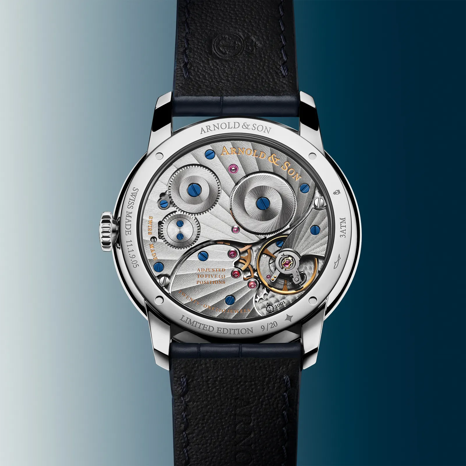Arnold & Son HM London Skyline 18ct red gold version on ocean blue alligator leather strap