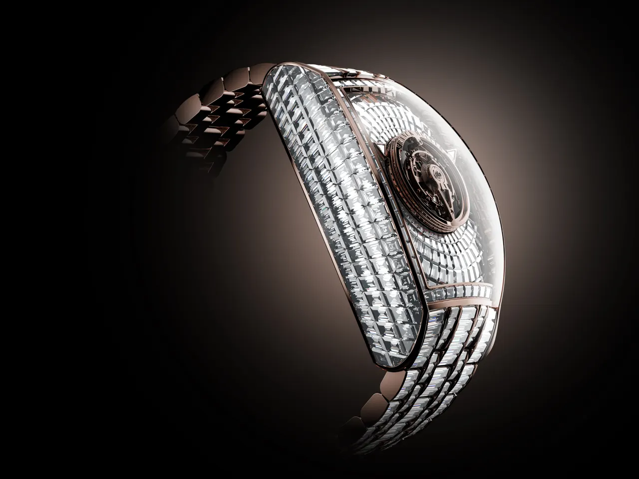Franck Muller Curvex CX Grand Central Tourbillon integrated strap detail in rose gold