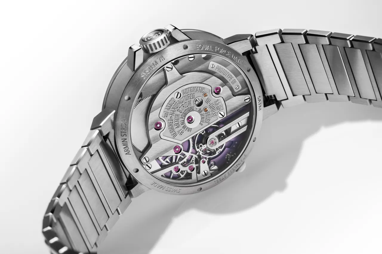 Armin Strom Orbit Midnight Purple Super-LumiNova numerals at 12 and 6 o'clock after dark