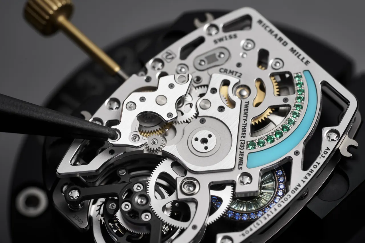 Richard Mille RM HJ-02 collection flat lay showing all four chromatic families: pink, violet, blue and green