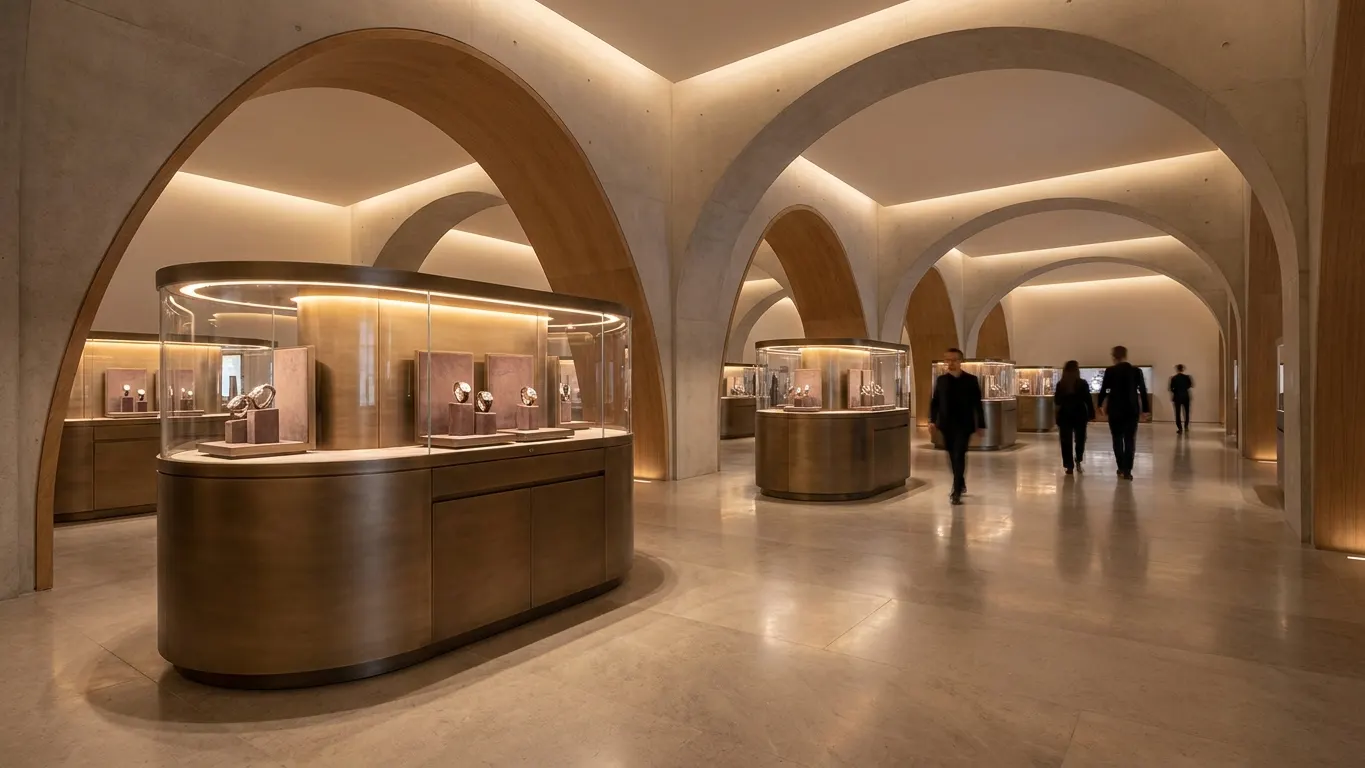 A grand exhibition hall lined with luxury watch displays