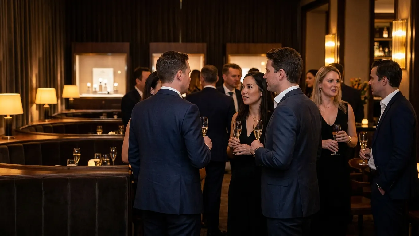 Guests gather at an upscale luxury watch exhibition lounge
