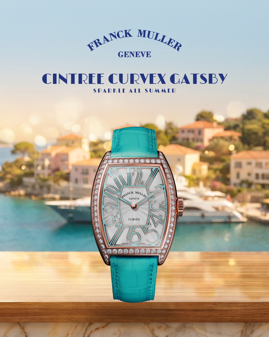 Franck Muller Cintree Curvex Gatsby diamond-set, Porto Cervo summer campaign