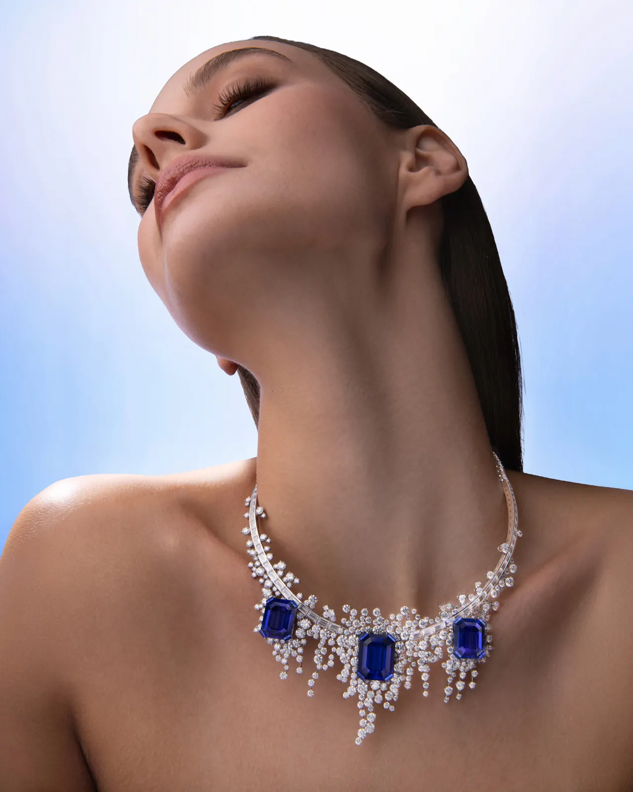 FRED Moonlight Reflection necklace with tanzanites and white diamonds in blued titanium setting