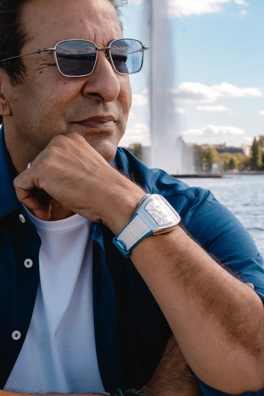 Wasim Akram playing cricket on the front lawn of Franck Muller's Watchland manufacture in Genthod, Geneva