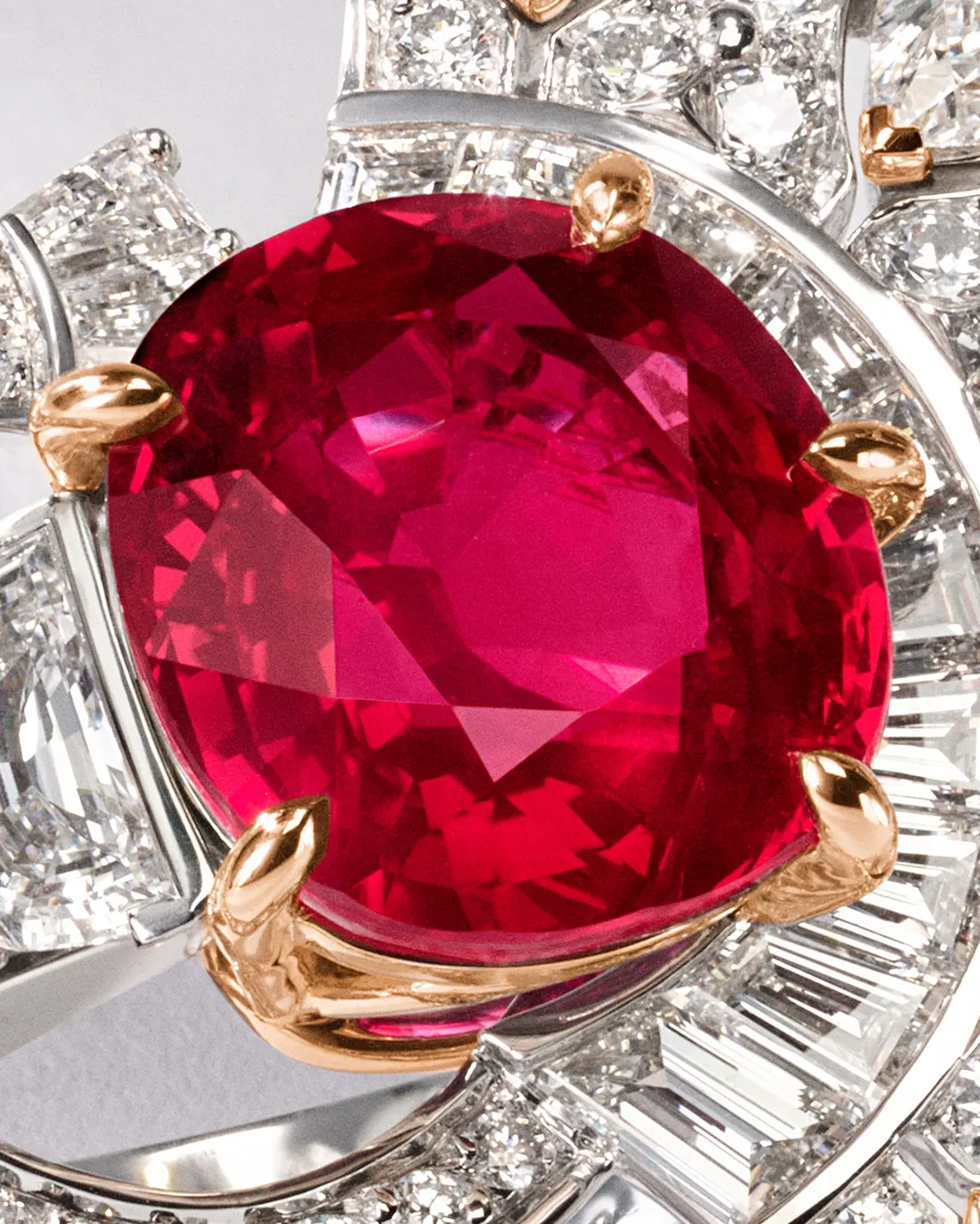 Van Cleef & Arpels Ronde du rubis ring featuring an 8.23-carat cushion-cut Mozambique ruby set in rose gold and white gold with diamonds