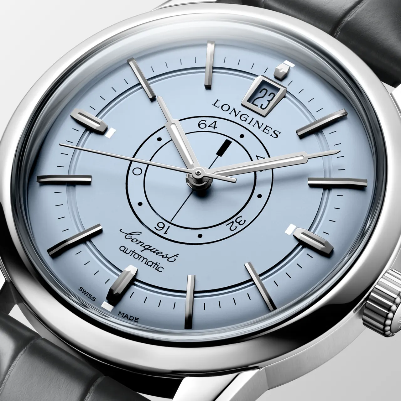Longines Conquest Heritage Central Power Reserve light blue opaline dial with stainless-steel bracelet, reference L1.648.4.92.6