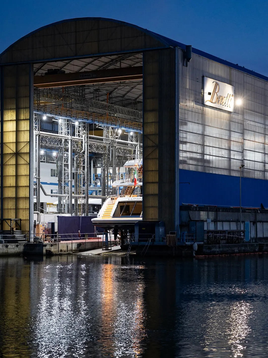 Benetti M/Y Lumina Class 44M superyacht exterior profile at the Viareggio slipway launch, June 2026
