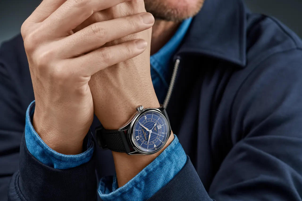 Frederique Constant Classics Runabout Automatic GMT 2026 deep blue dial with Riva-inspired vertical stripe foredeck finish