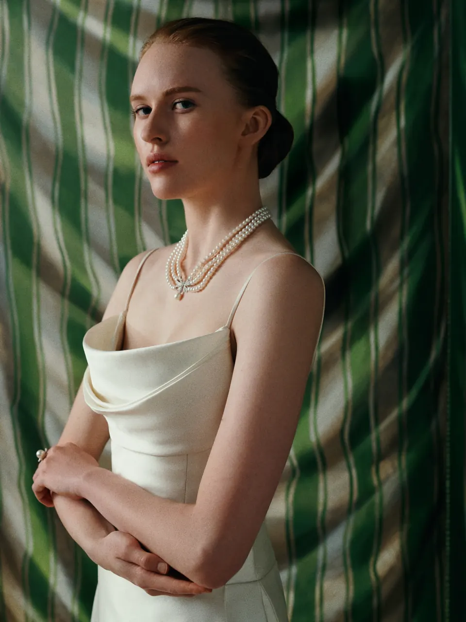 Yoko London x Emilia Wickstead bridal collaboration featuring Freshwater pearl and diamond jewellery with bridal gown
