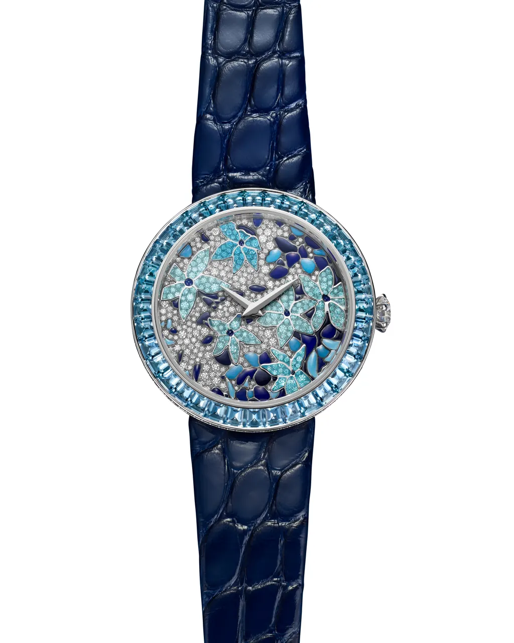 Tiffany Eternity Enamel Clematis watch dial with plique-à-jour clematis flowers and snow-set diamonds