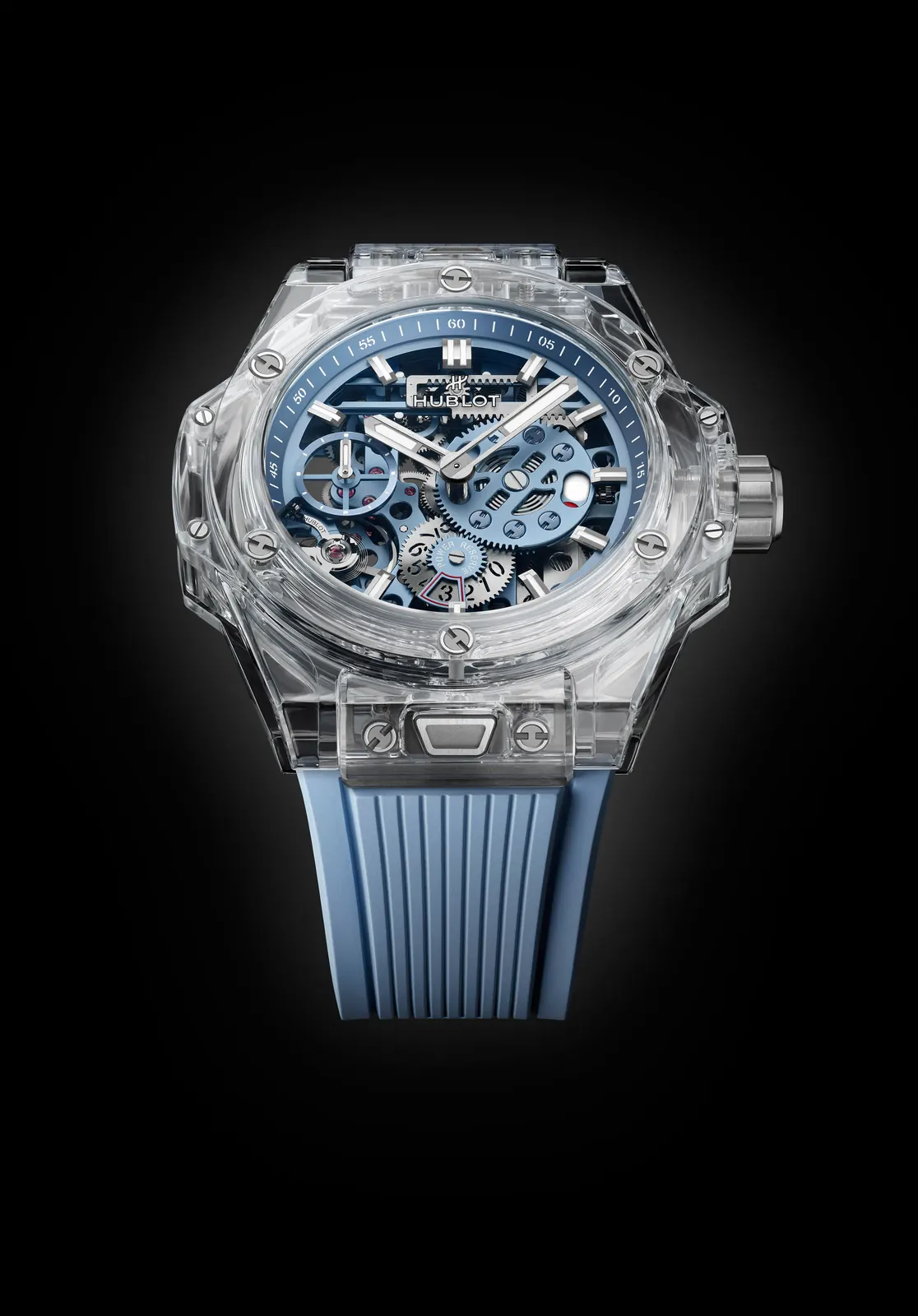 Hublot Big Bang Sapphire Sky Blue 44mm front view showing skeleton dial and sapphire case