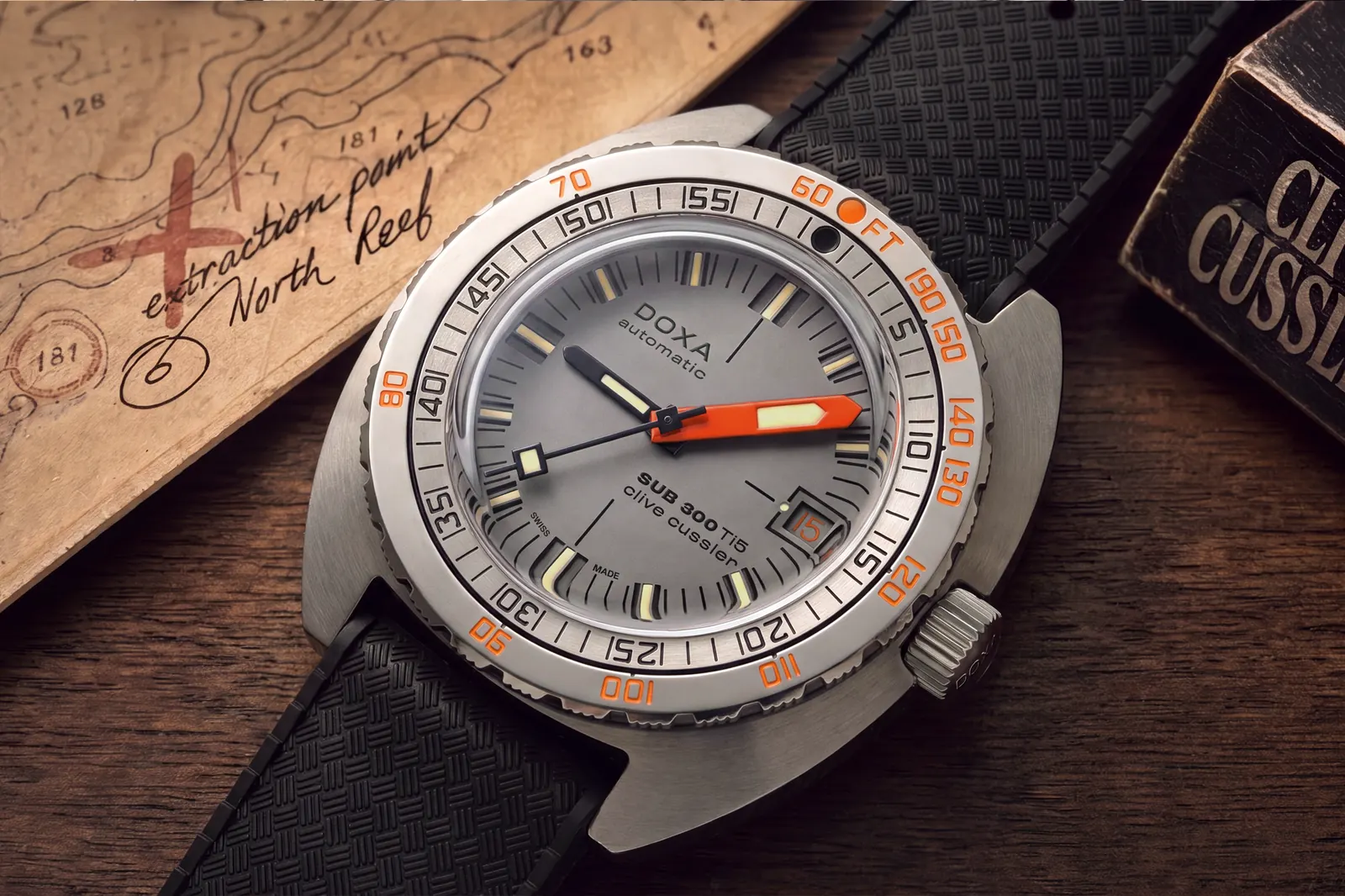 DOXA SUB 300 Ti5 Clive Cussler dual-plane titanium dial close-up