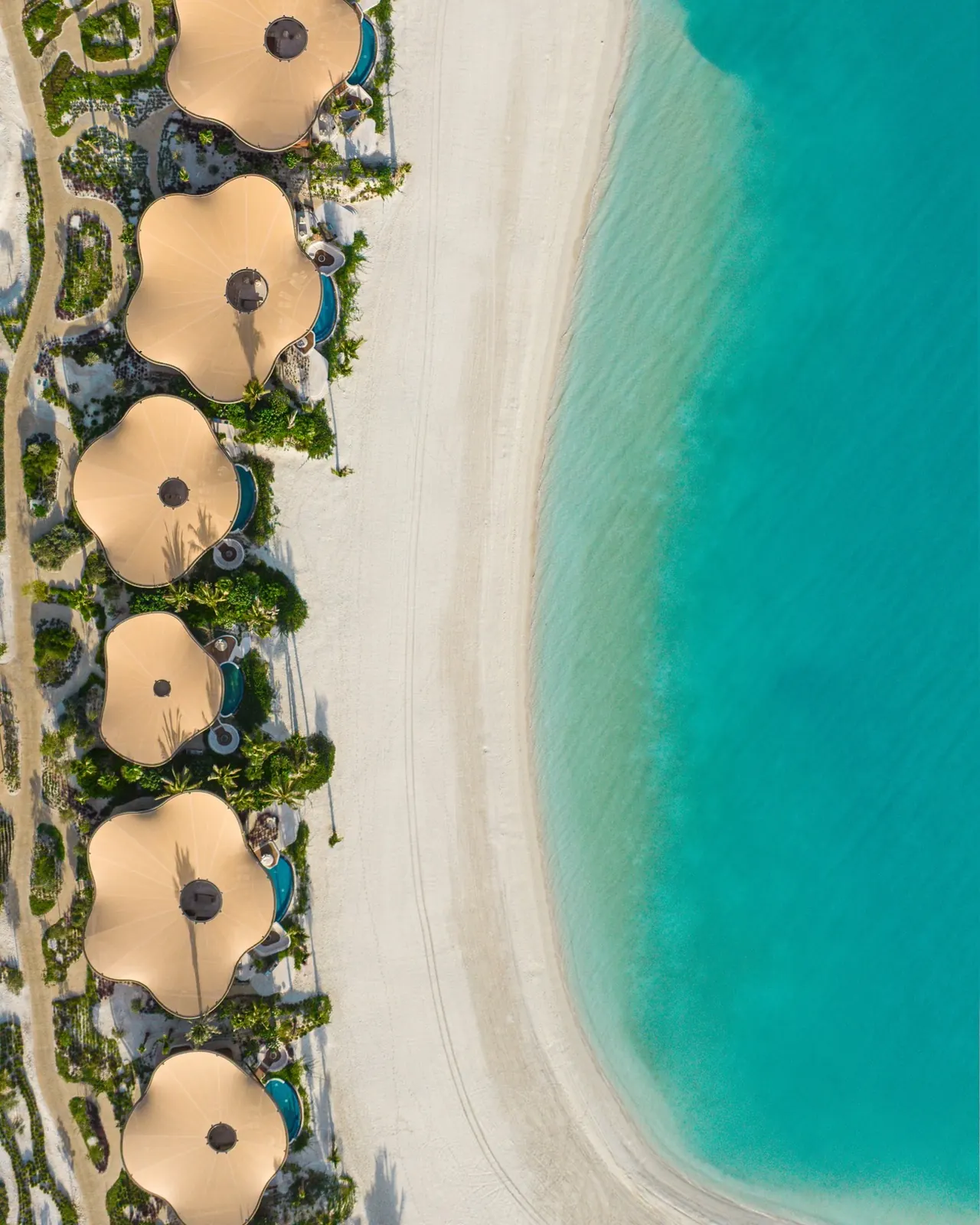 Aerial view of Shura Island resort buildings integrated into the coastal landscape at The Red Sea destination, Saudi Arabia
