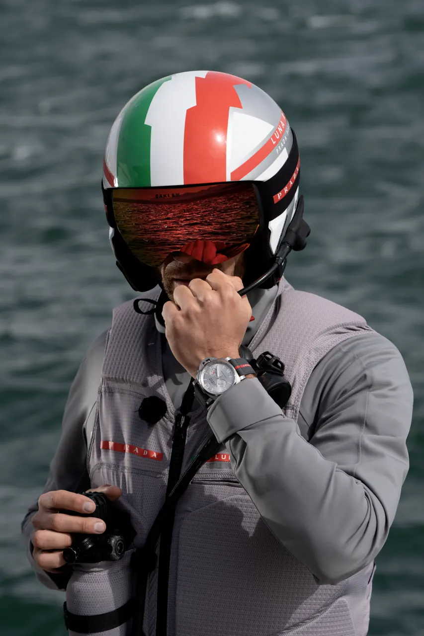 Panerai Luminor Luna Rossa Chrono PAM01768 dial detail showing tachymetre bezel and red chronograph seconds hand
